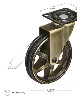 Richelieu Vintage Single Swivel Wheel Caster - Rustic Brass