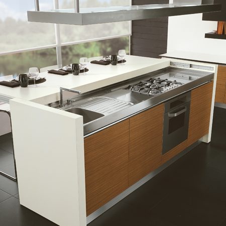 A revolution in kitchen island design: the MILO sliding counter lets you maximize every inch of counter space.